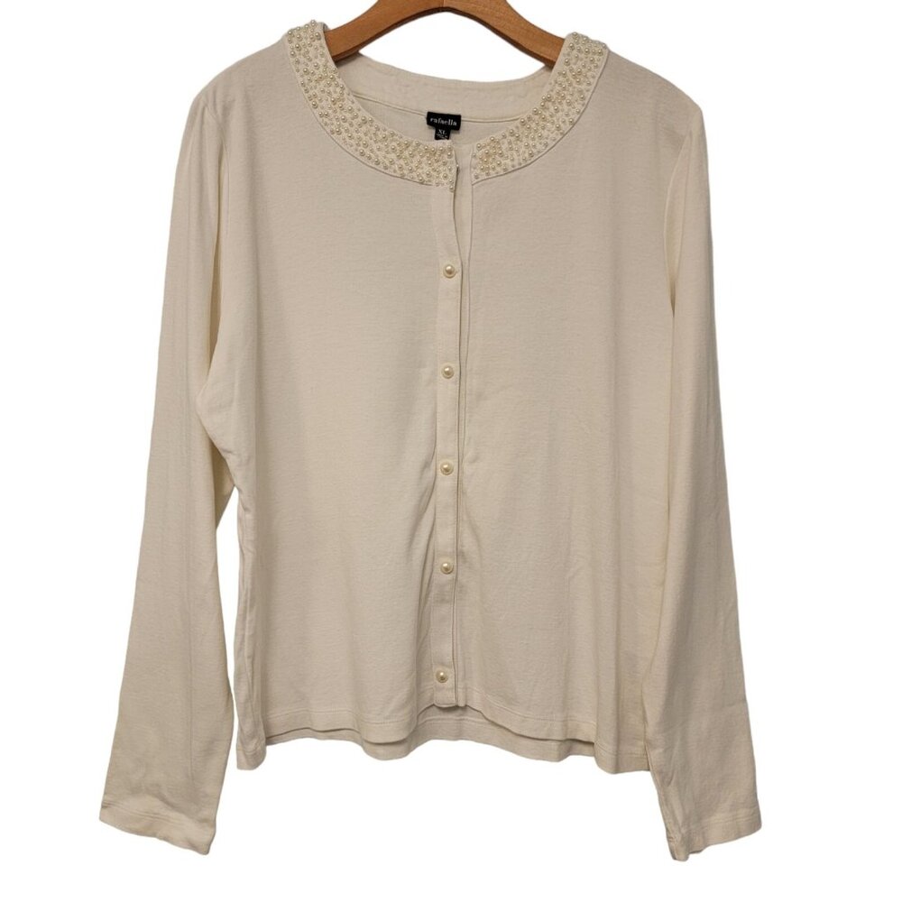 Rafaella Holiday Sweater White Light Weight Faux Pearl Trim Cardigan Sz XL